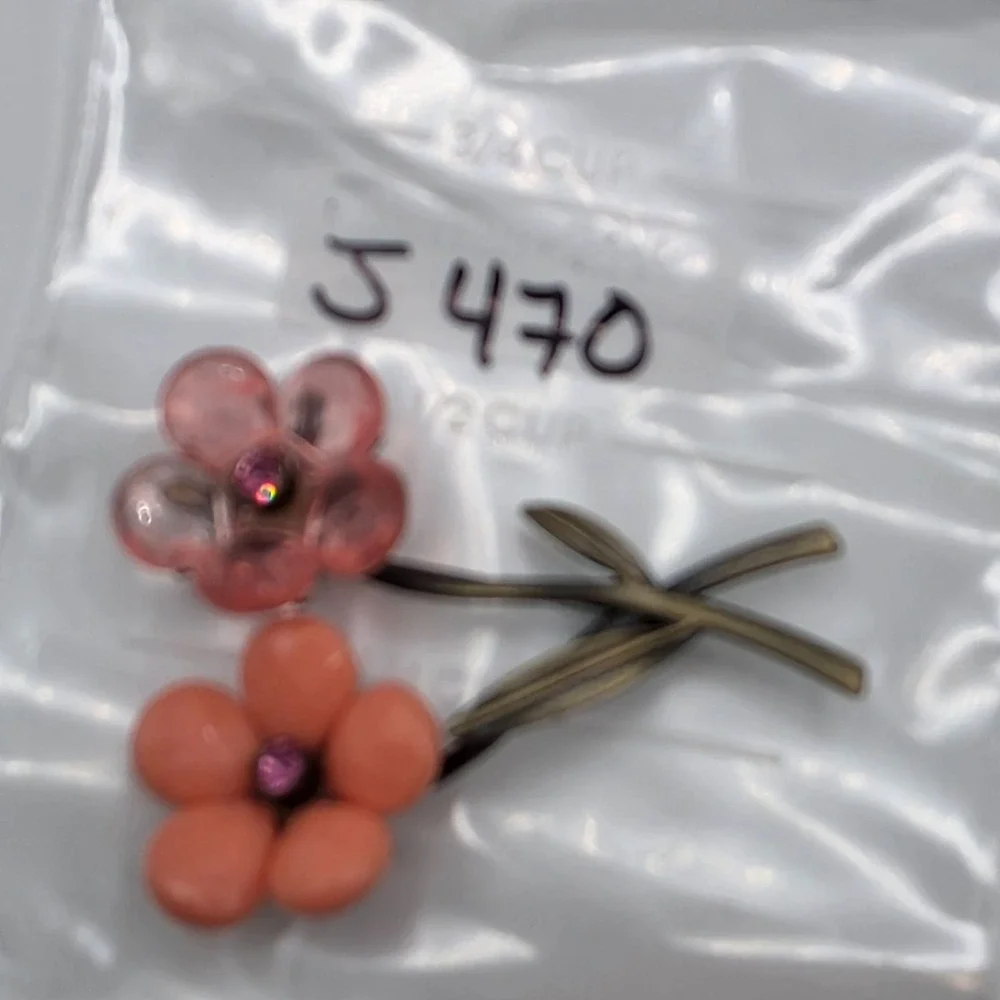Vintage Lucite Thermoset Flower‎ Brooch Pink Coral Rhinestone 1950s Floral Pin